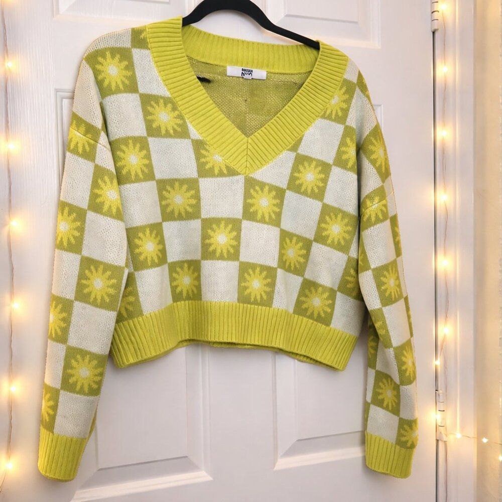 Madden NYC Lime Green and Bright Yellow Checker Baggy Crop Sweater - Ultra Soft!